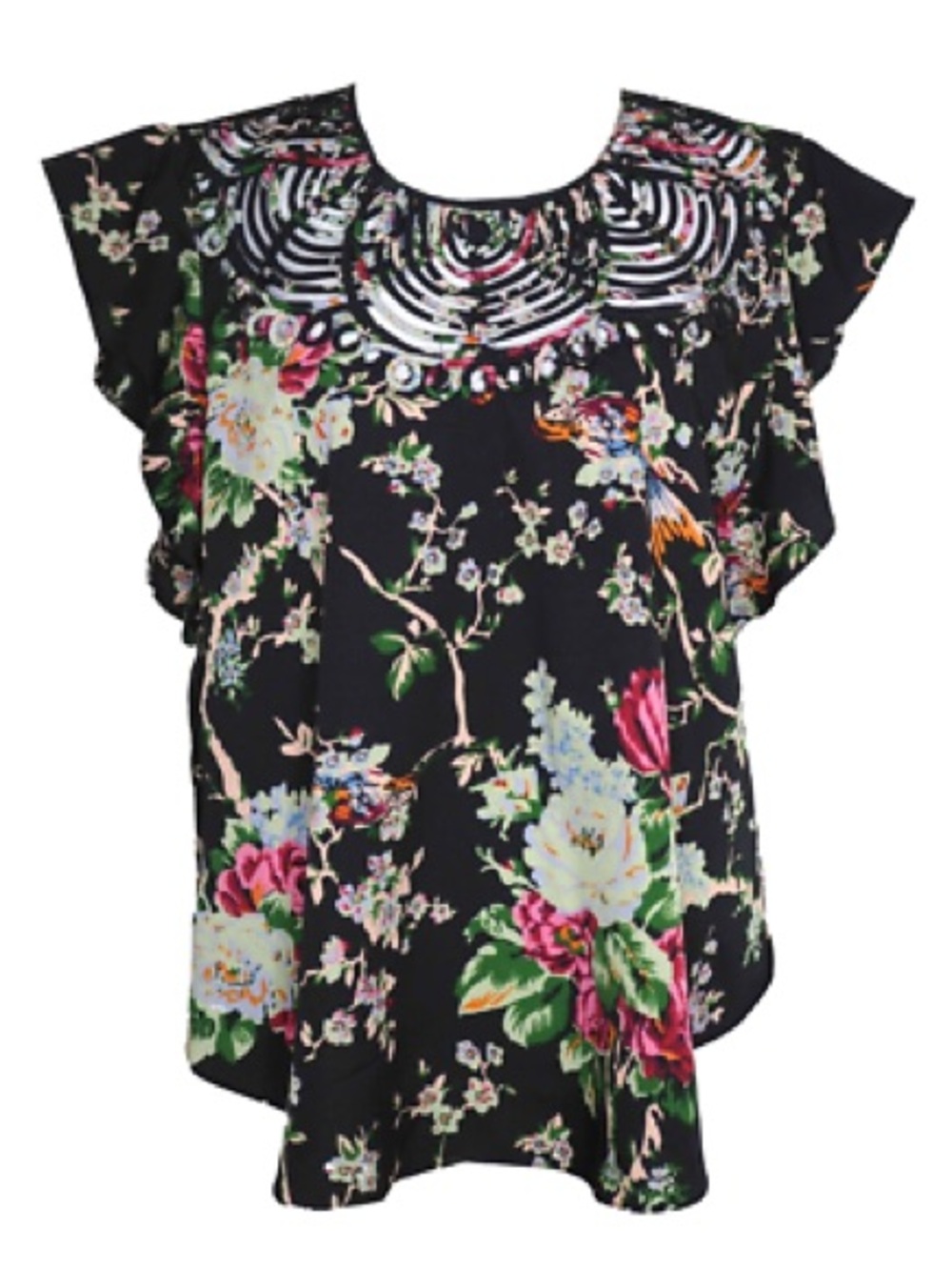 Ranna Gill Black Floral Flutter Sleeve Blouse